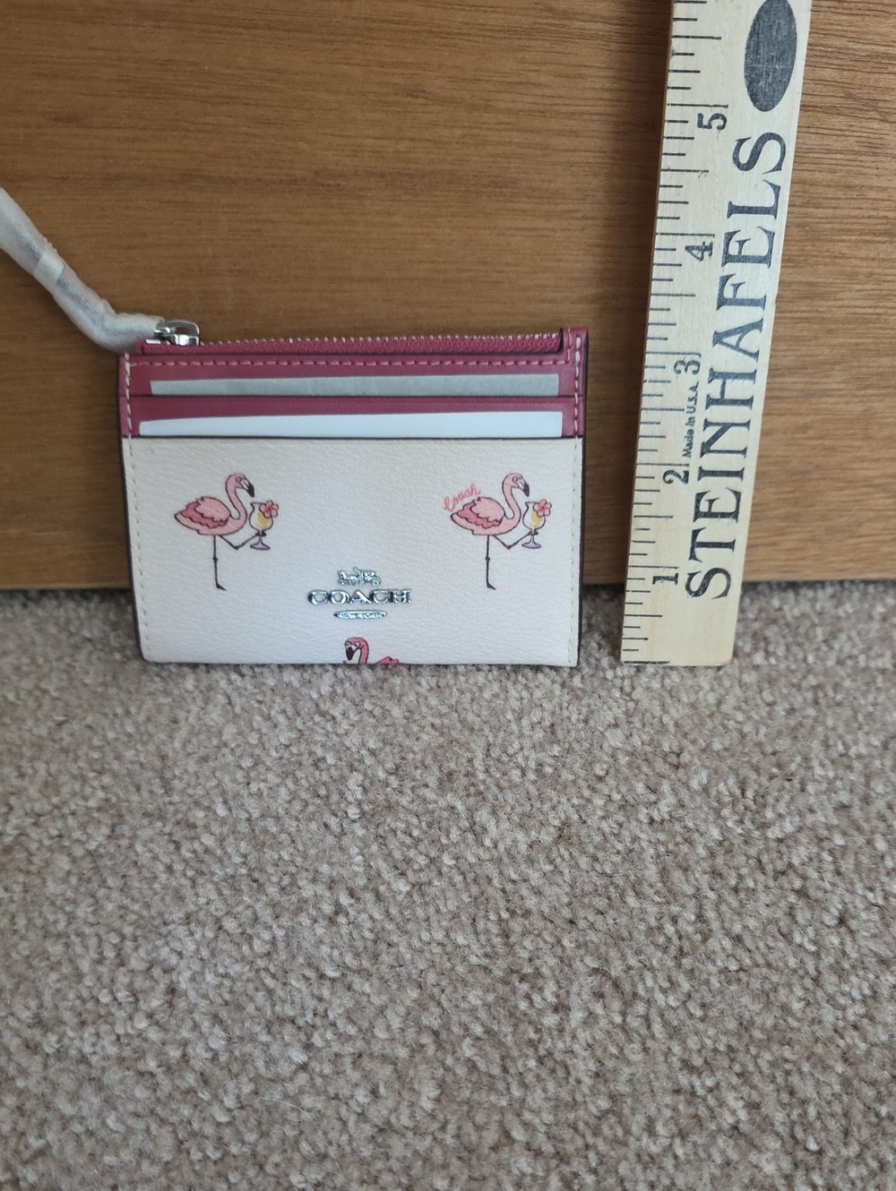Coach Cream Leather Card Case with Pink Flamingo Accents